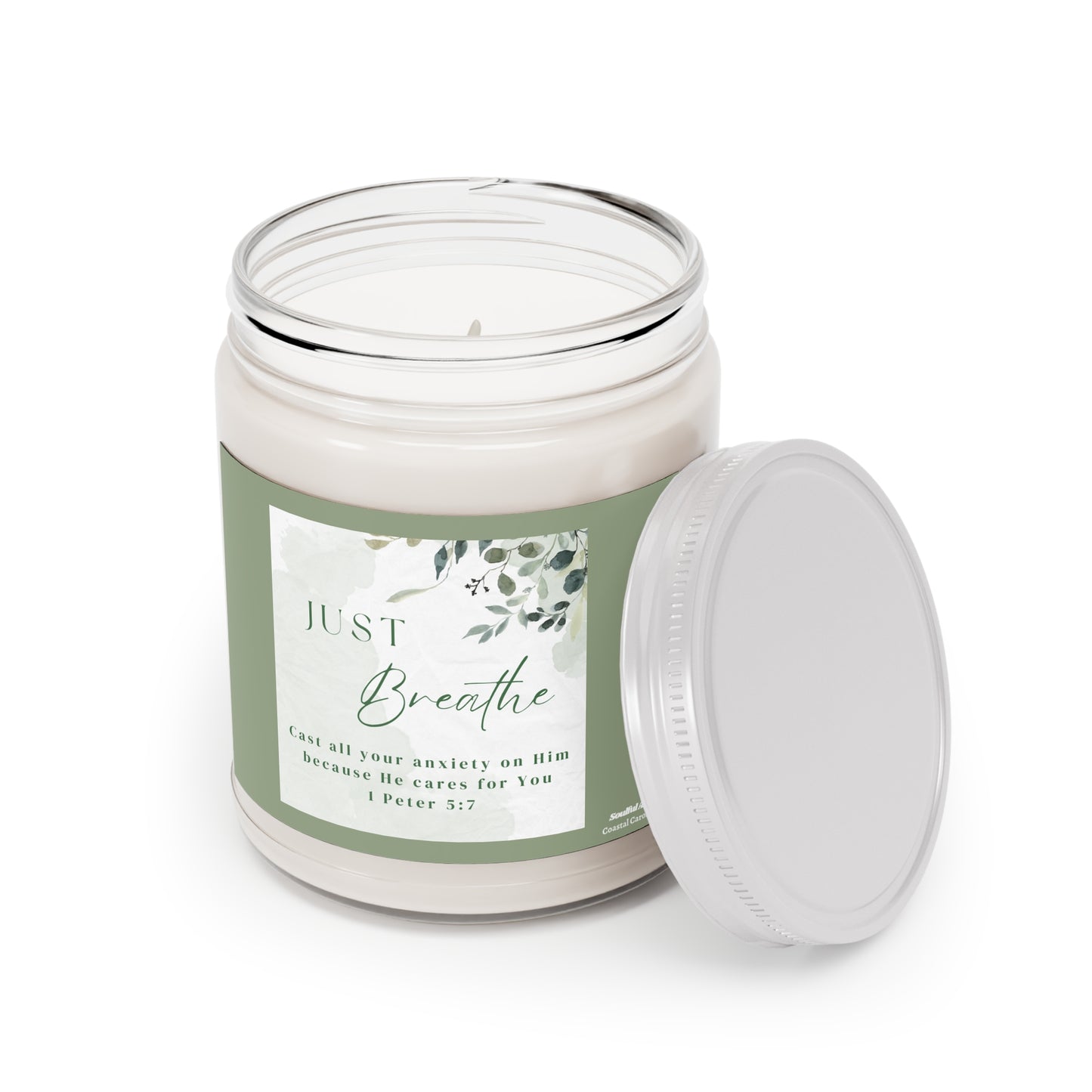 Just Breathe Scented Soy Candle — 9oz Relaxing Aromatherapy Candle with White Lid (Inspirational, 1 Peter 5:7)