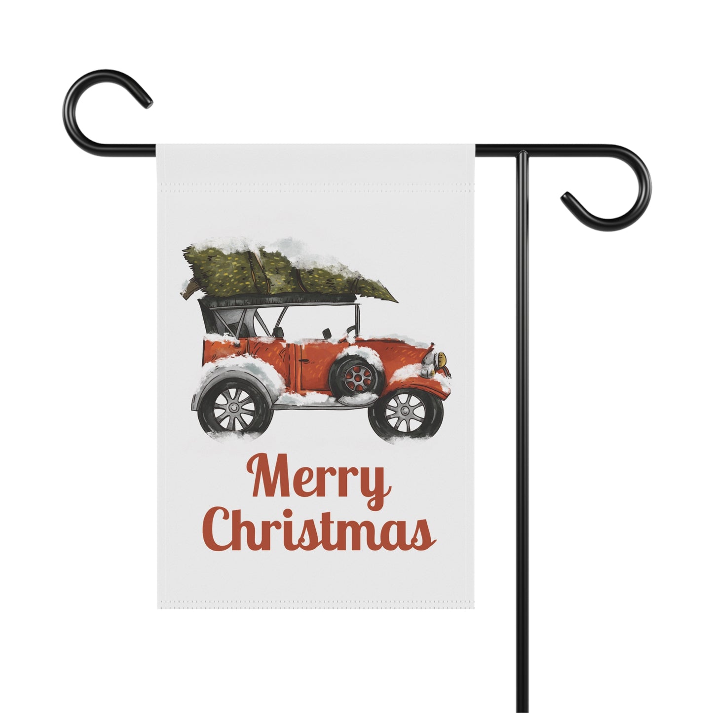 Christmas Garden Flag — Vintage Red Car with Tree "Merry Christmas"