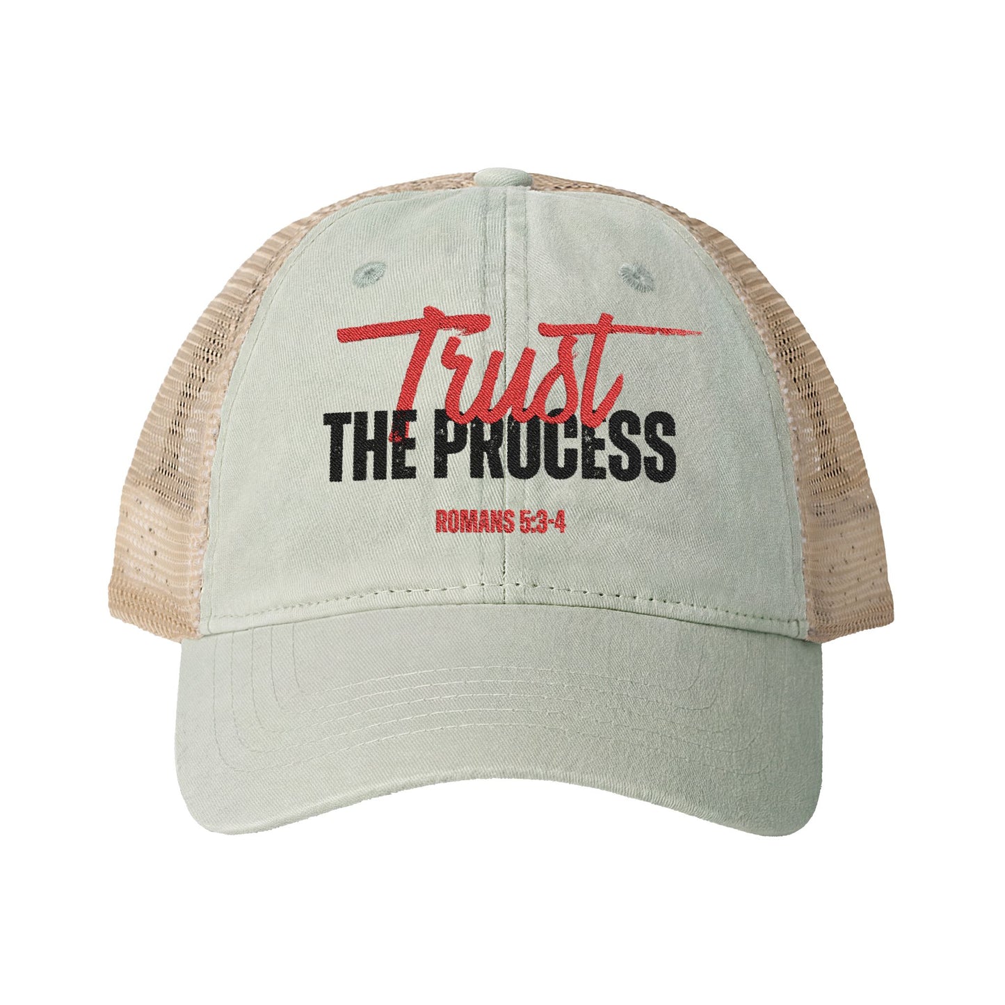 Christian Trucker Hat – Trust the Process Romans 5:3-4 Breathable Meshback Faith Cap