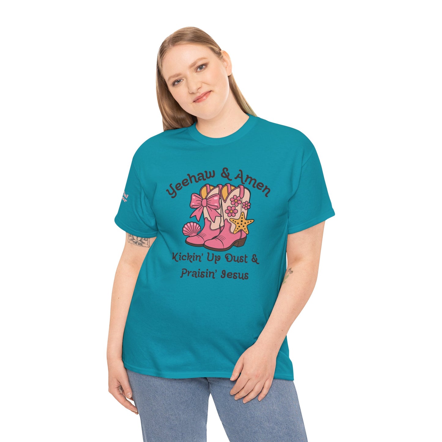 Yeehaw & Amen Kickin' Up Dust & Praisin' Jesus T-Shirt -  Christian Western Tee