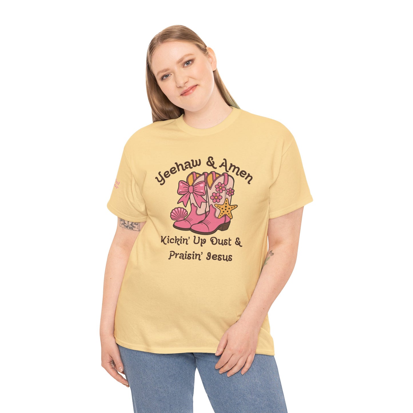 Yeehaw & Amen Kickin' Up Dust & Praisin' Jesus T-Shirt -  Christian Western Tee