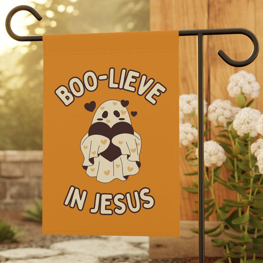 Boo-lieve in Jesus Garden Flag — Cute Ghost Pup Religious Outdoor Banner