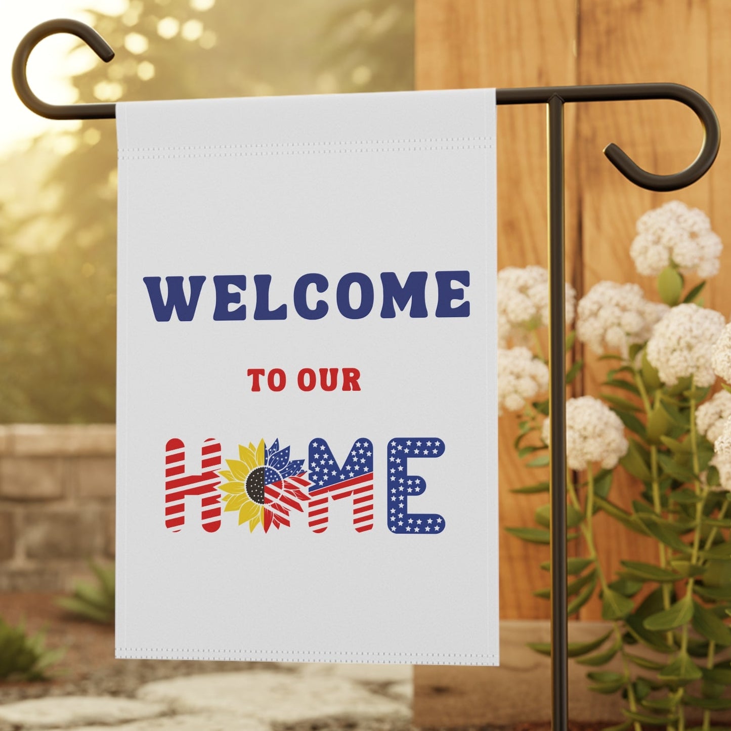 Welcome to Our Home Garden Flag — Patriotic Sunflower Welcome Banner