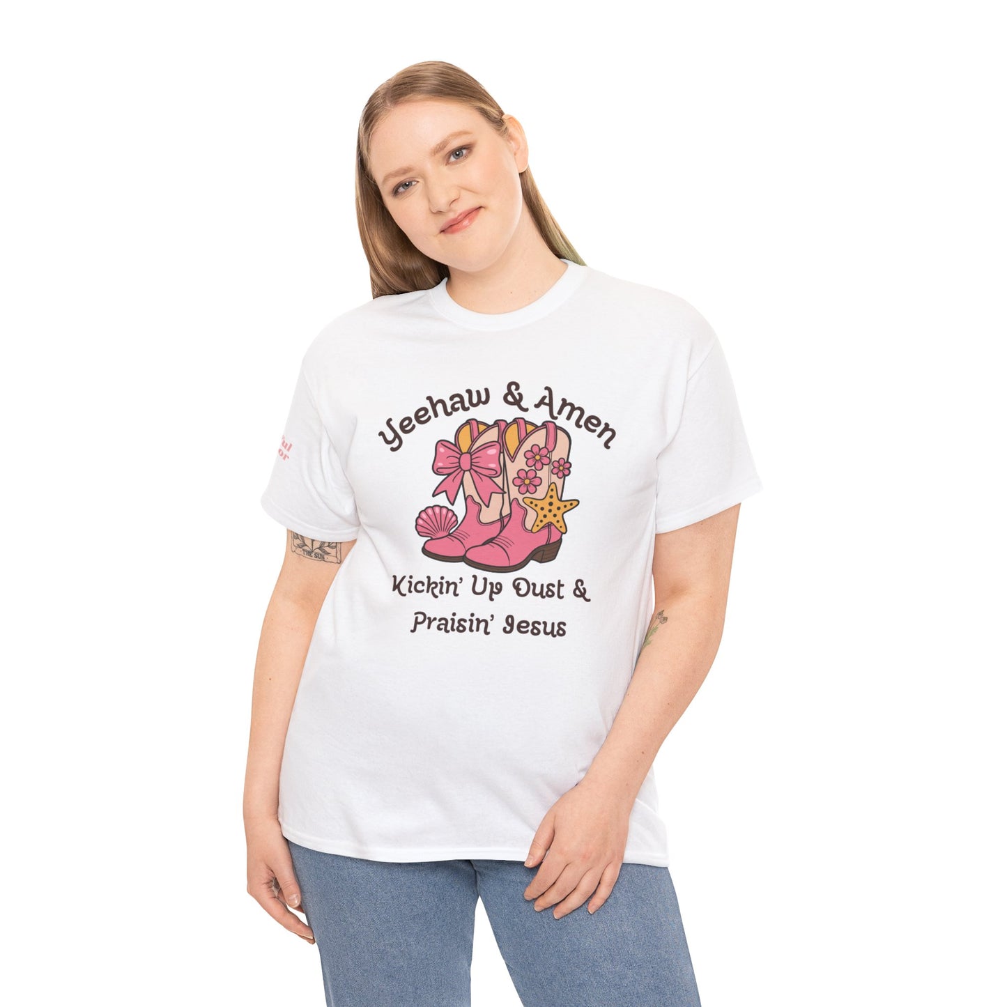 Yeehaw & Amen Kickin' Up Dust & Praisin' Jesus T-Shirt -  Christian Western Tee