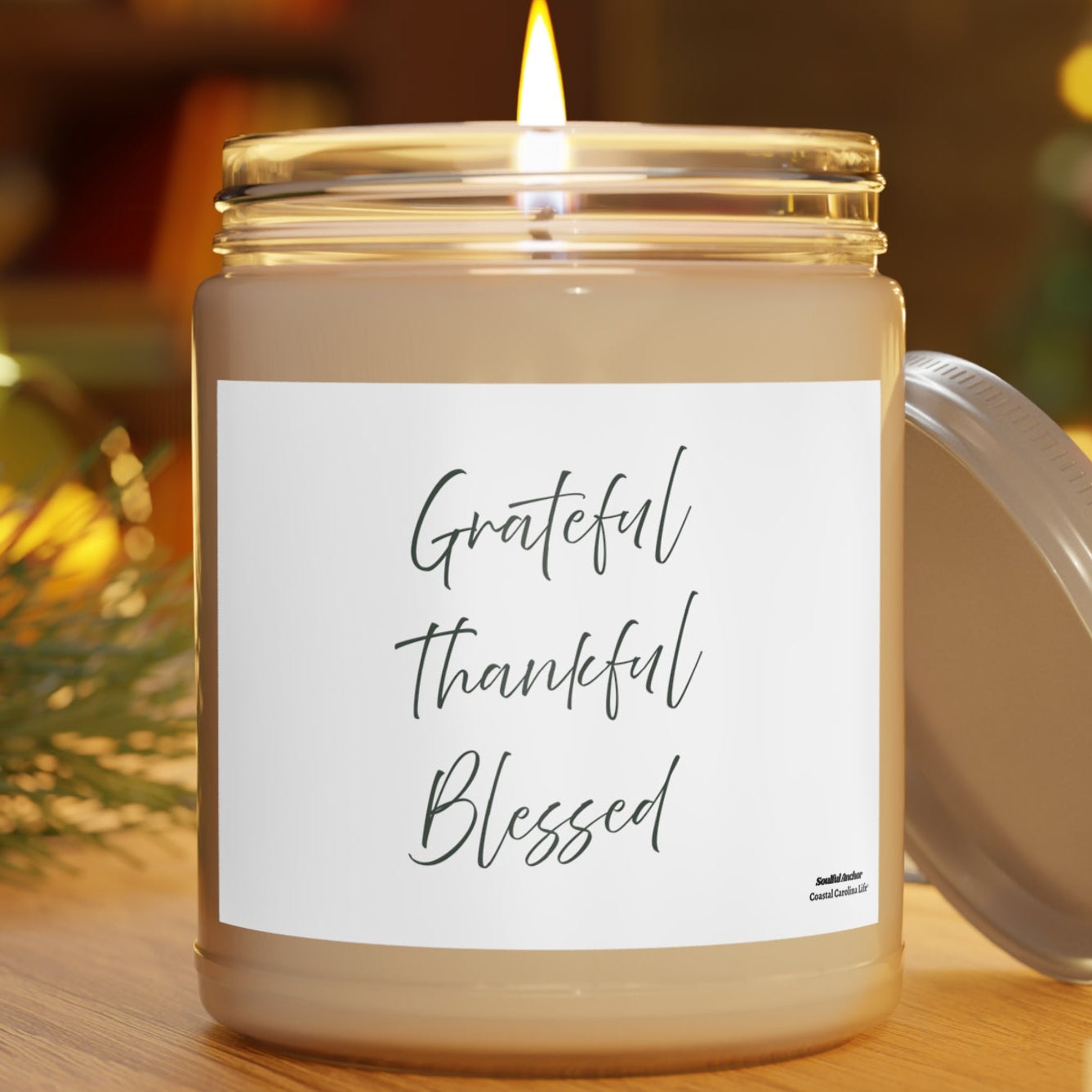 Grateful Thankful Blessed Soy Candle — 9oz Scented Jar with White Lid