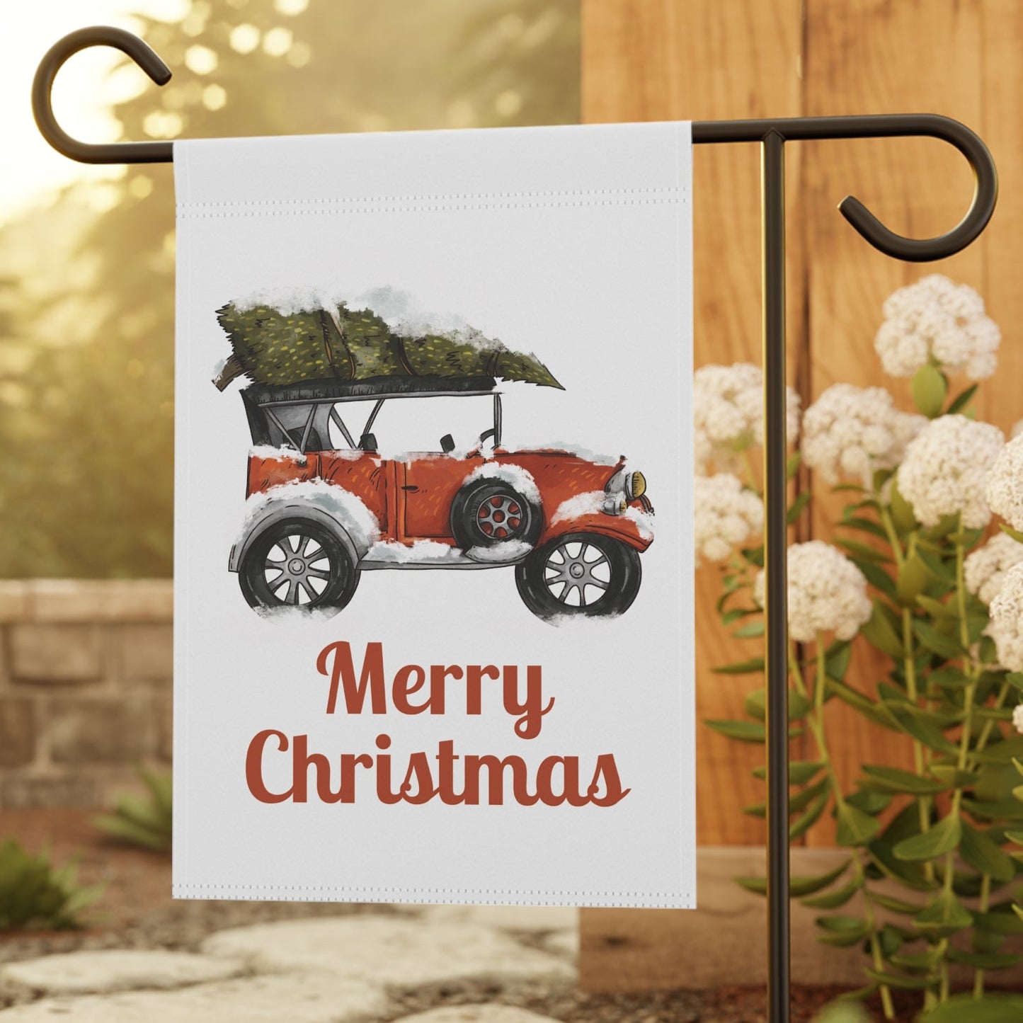 Christmas Garden Flag — Vintage Red Car with Tree "Merry Christmas"