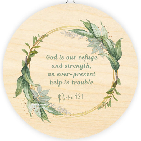 Bible Verse Wood Sign – Handcrafted Psalm 46:1 Baltic Birch Round