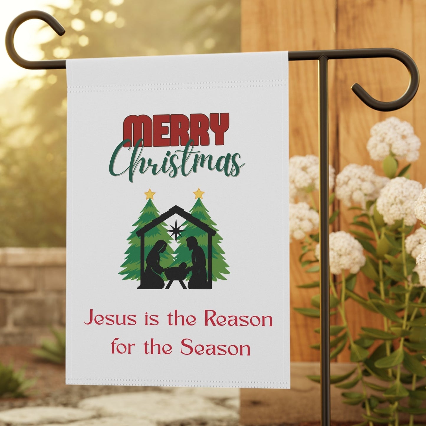 Merry Christmas Nativity Garden Flag — "Jesus is the Reason for the Season"