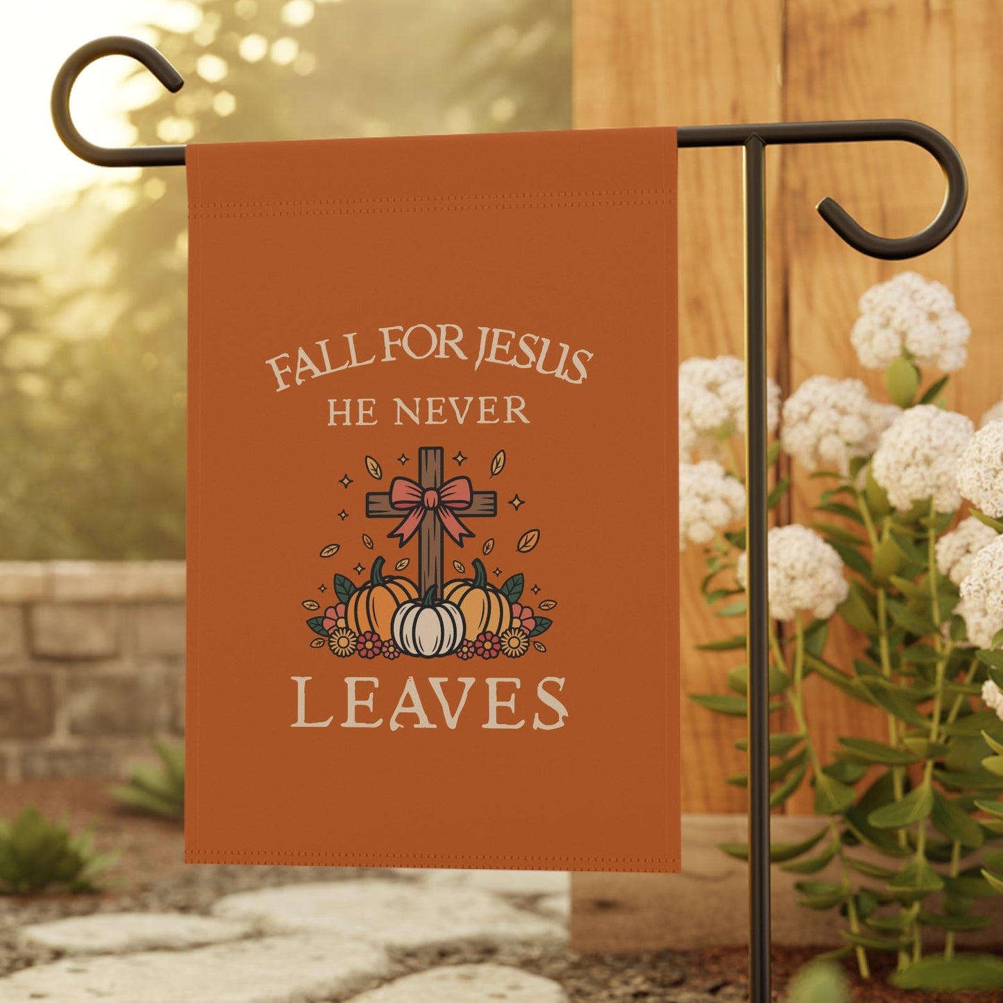 Fall for Jesus Garden Flag — Autumn Cross & Pumpkins Outdoor Banner