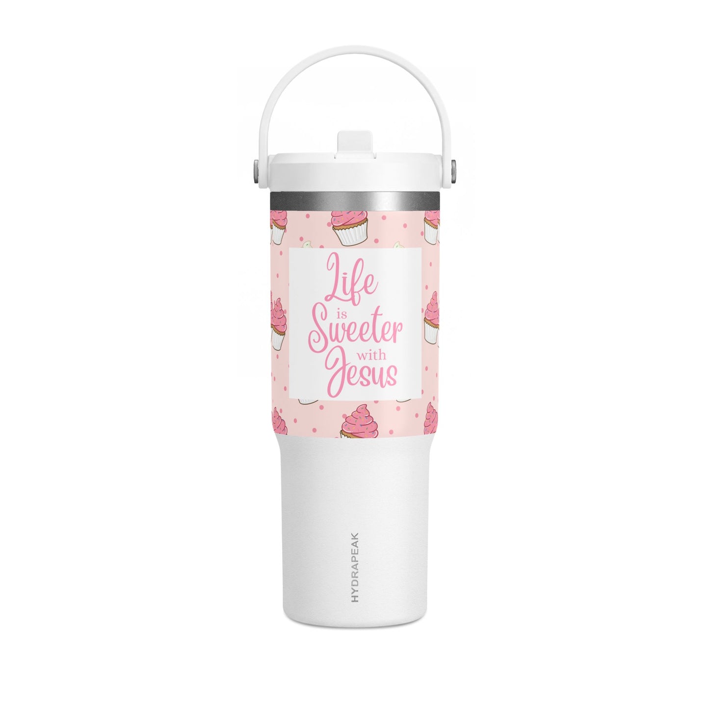 32oz Pink Tumbler — “Life Sweeter with Jesus” Cup with Cupcake Design
