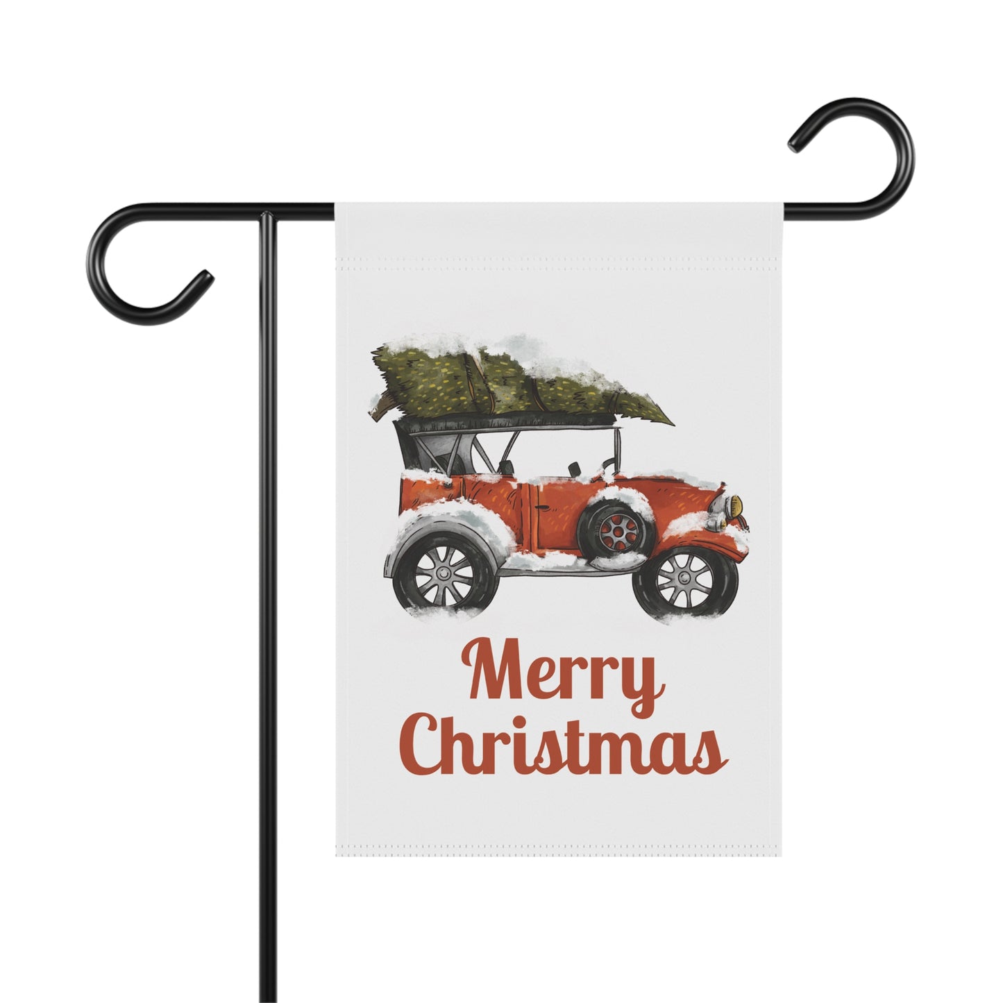 Christmas Garden Flag — Vintage Red Car with Tree "Merry Christmas"
