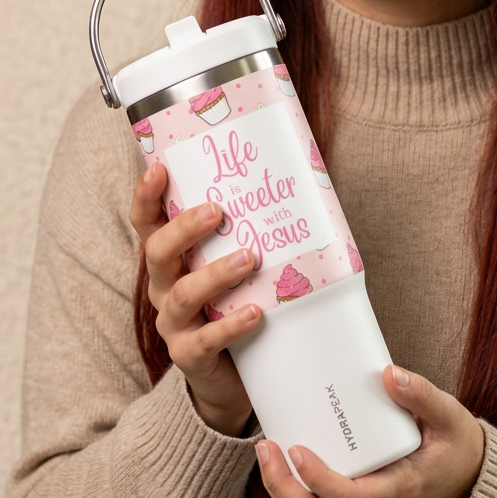 32oz Pink Tumbler — “Life Sweeter with Jesus” Cup with Cupcake Design