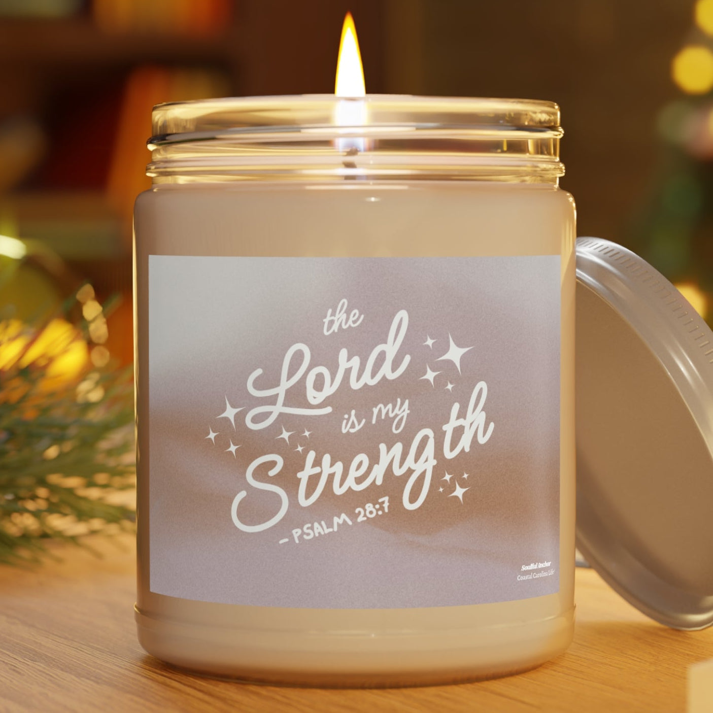 Inspirational Soy Candle 9oz — “The Lord is My Strength” Psalm 28:7 Scented Jar