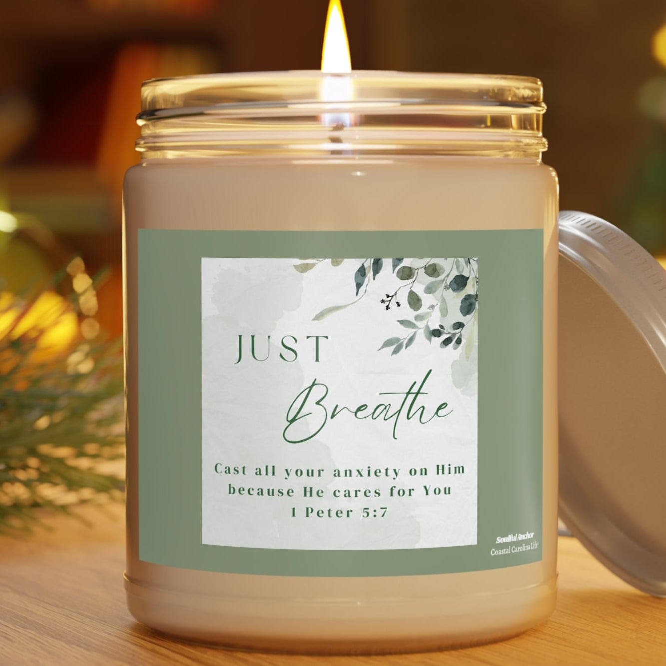 Just Breathe Scented Soy Candle — 9oz Relaxing Aromatherapy Candle with White Lid (Inspirational, 1 Peter 5:7)
