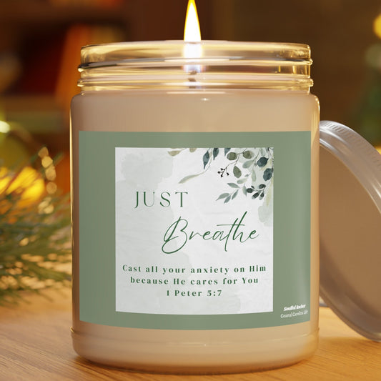 Just Breathe Scented Soy Candle — 9oz Relaxing Aromatherapy Candle with White Lid (Inspirational, 1 Peter 5:7)