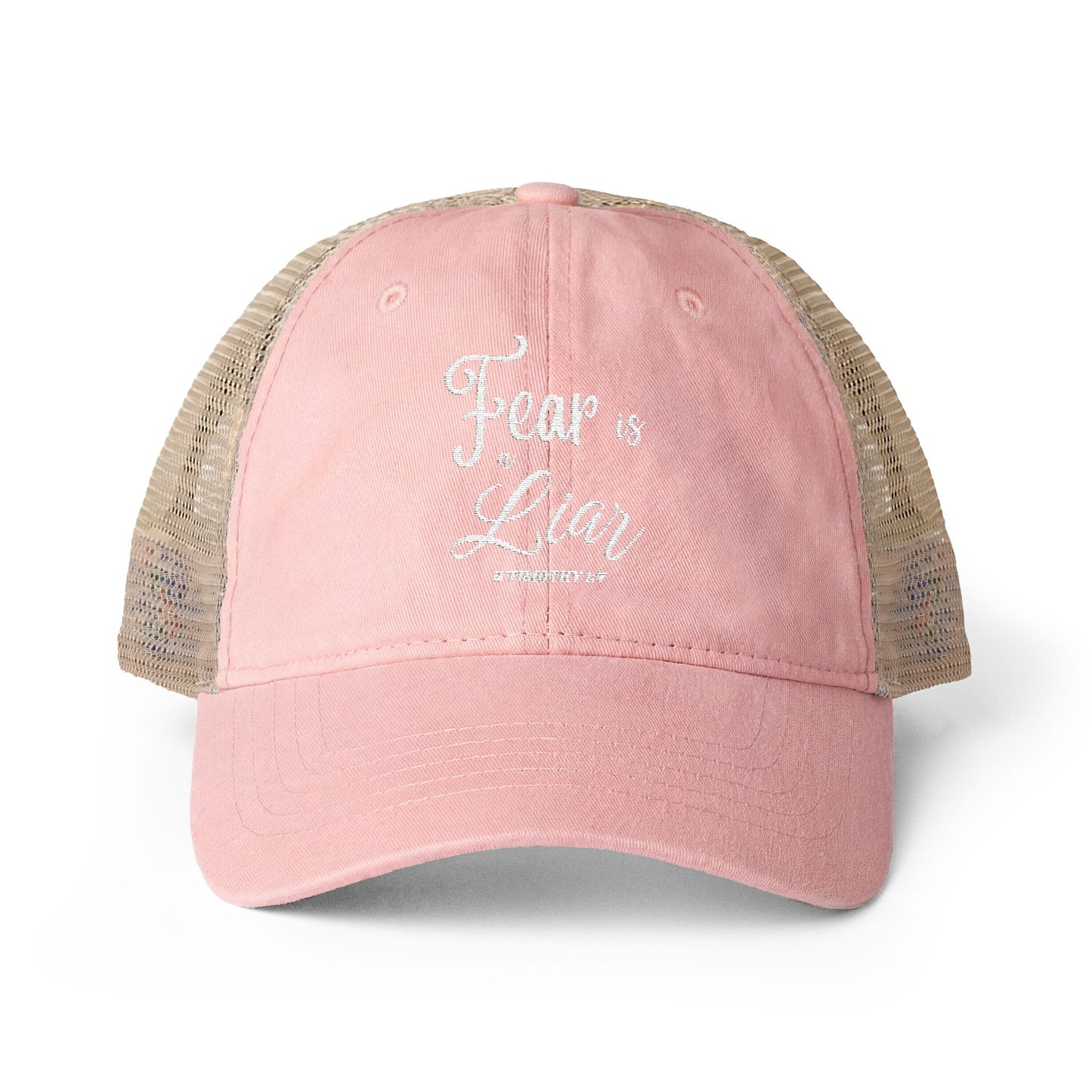 Christian Trucker Hat – Fear Is a Liar Scripture Washed Meshback