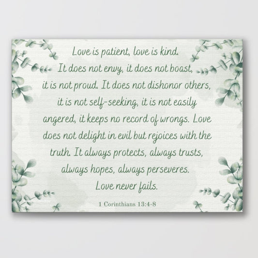 Love Is Patient Wall Art – 1 Corinthians 13:4-8 Scripture Canvas