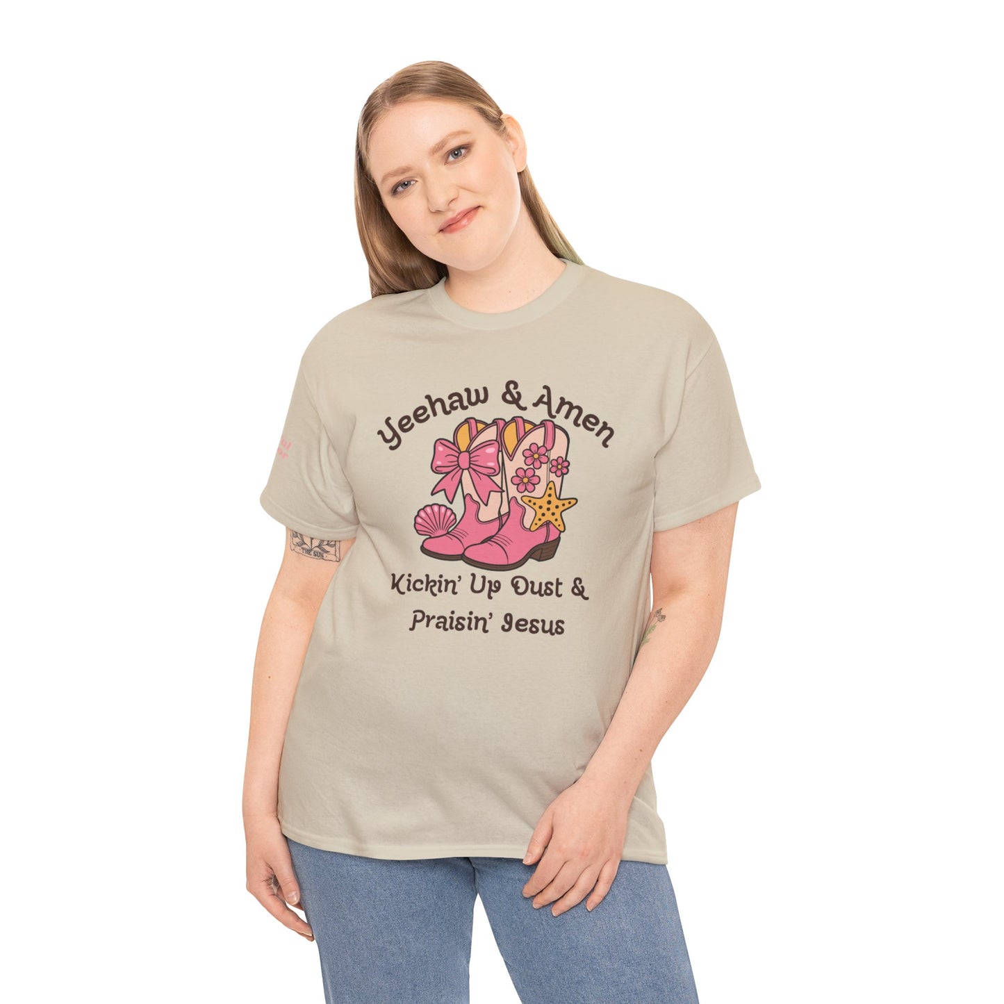 Yeehaw & Amen Kickin' Up Dust & Praisin' Jesus T-Shirt -  Christian Western Tee