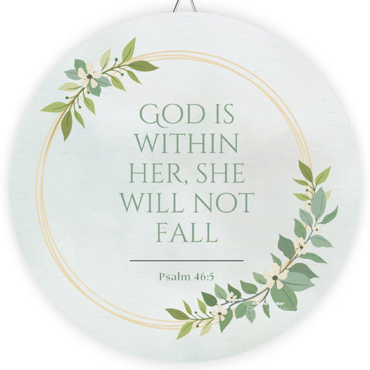 Psalm 46:5 Wall Art – Wooden Scripture Sign with Eucalyptus Wreath