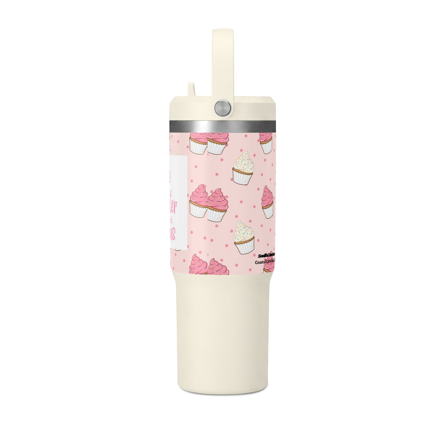 32oz Pink Tumbler — “Life Sweeter with Jesus” Cup with Cupcake Design