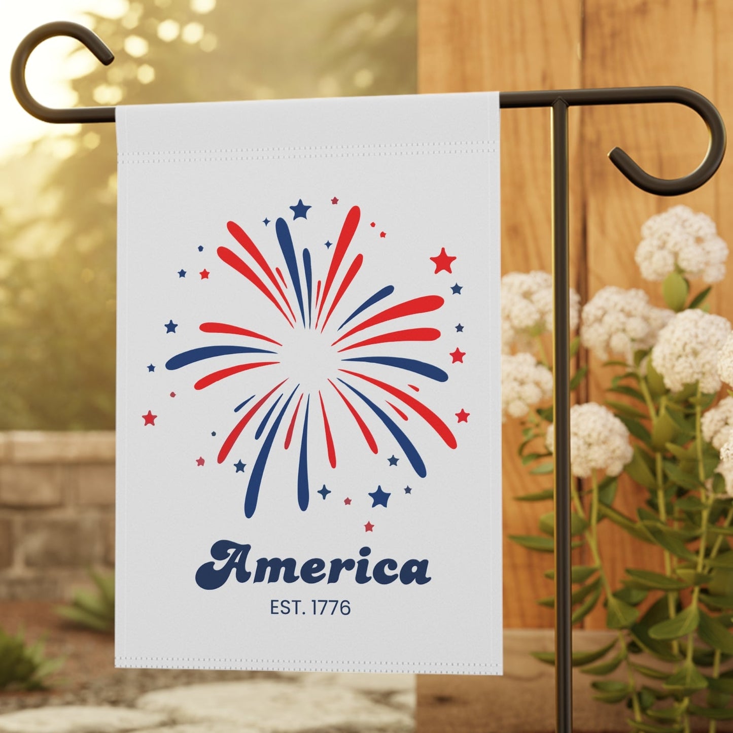 Patriotic Fireworks Garden Flag - "America Est. 1776" House Banner