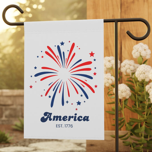 Patriotic Fireworks Garden Flag - "America Est. 1776" House Banner