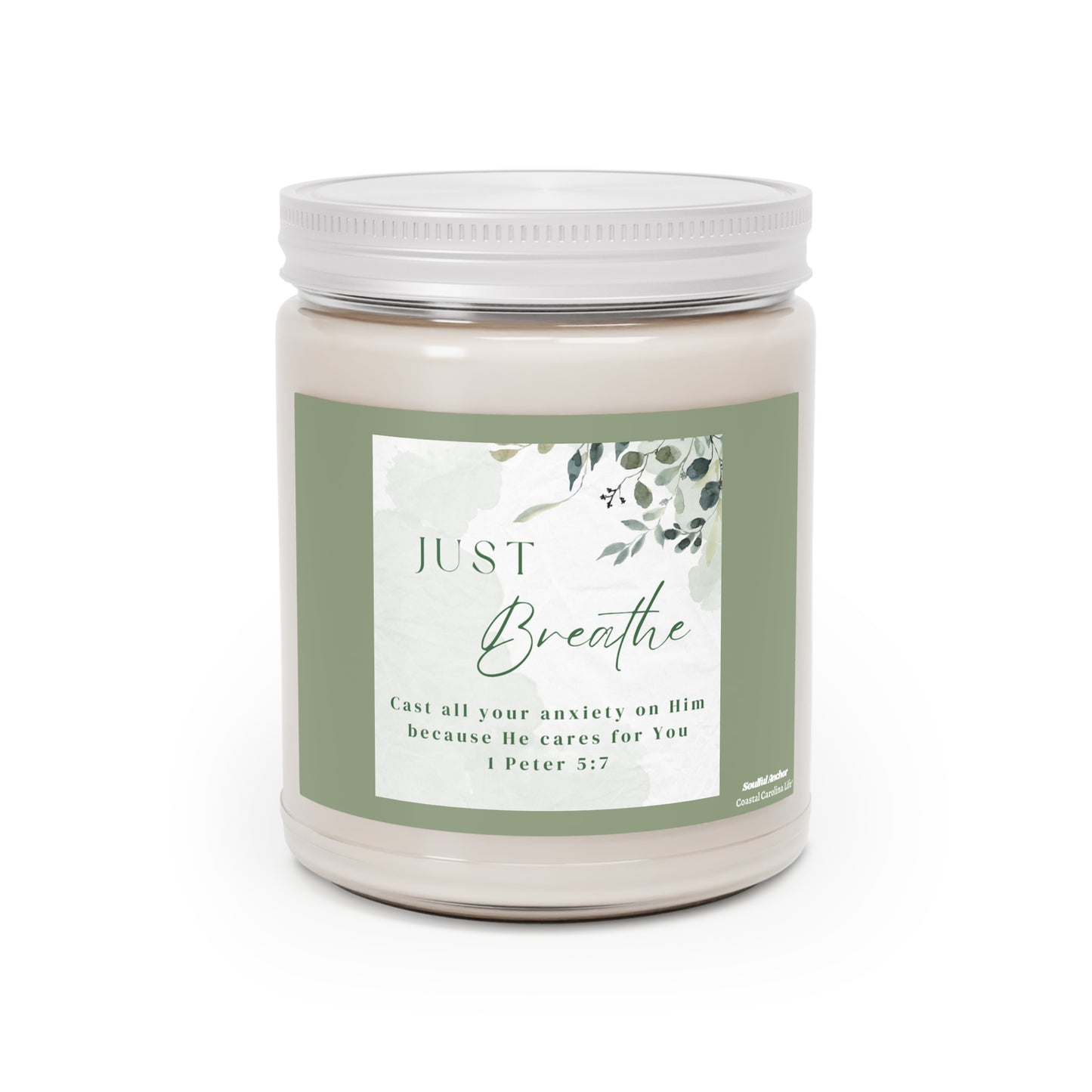 Just Breathe Scented Soy Candle — 9oz Relaxing Aromatherapy Candle with White Lid (Inspirational, 1 Peter 5:7)