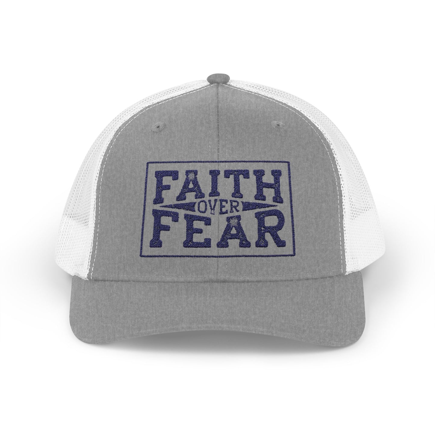 Faith Over Fear Hat – Distressed Embroidered Mesh Trucker Cap