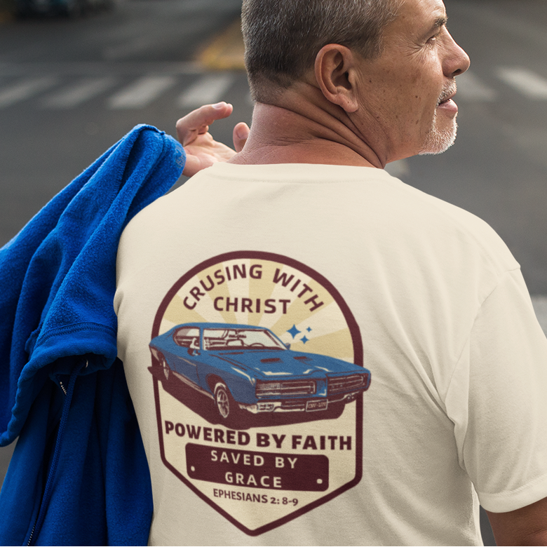 Christian T Shirt – Cruising with Christ Vintage Faith Graphic Tee