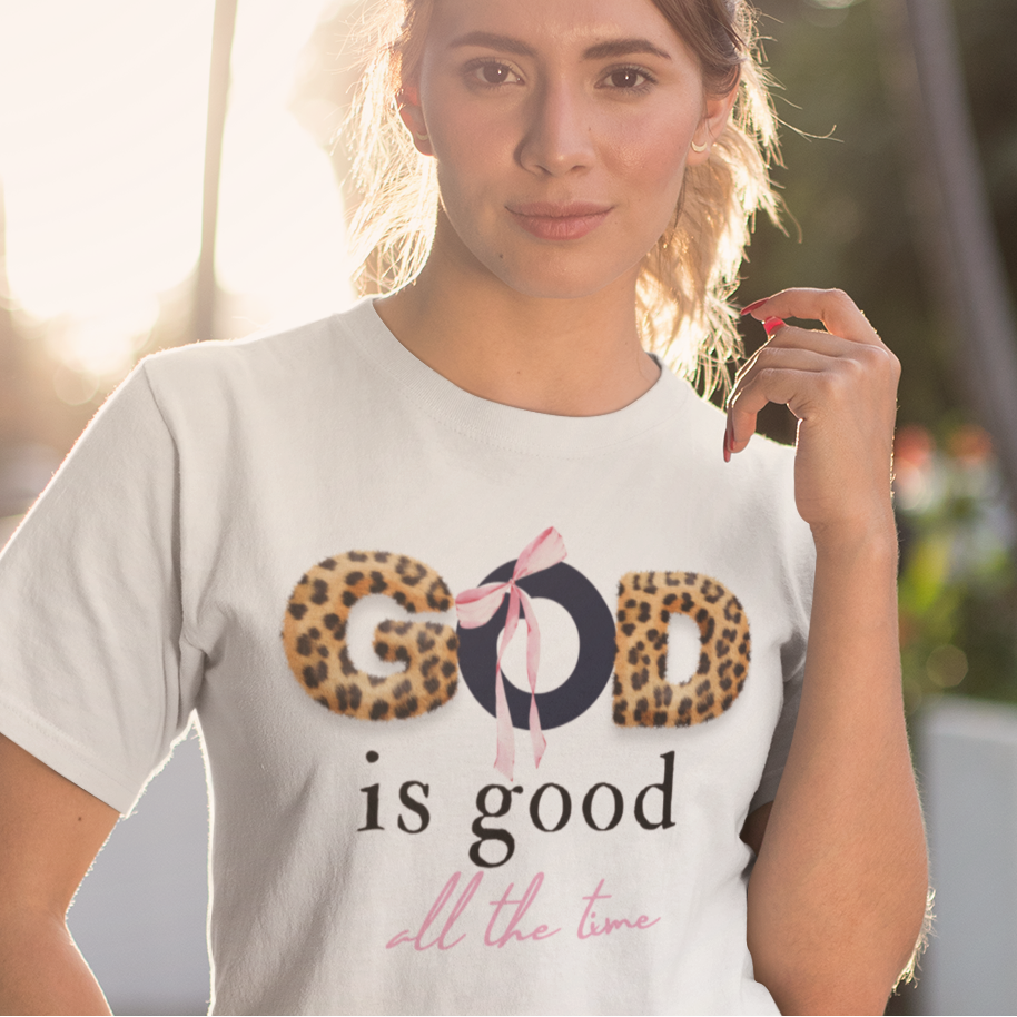 Christian Graphic Tee – God Is Good Leopard Print Faith Shirt