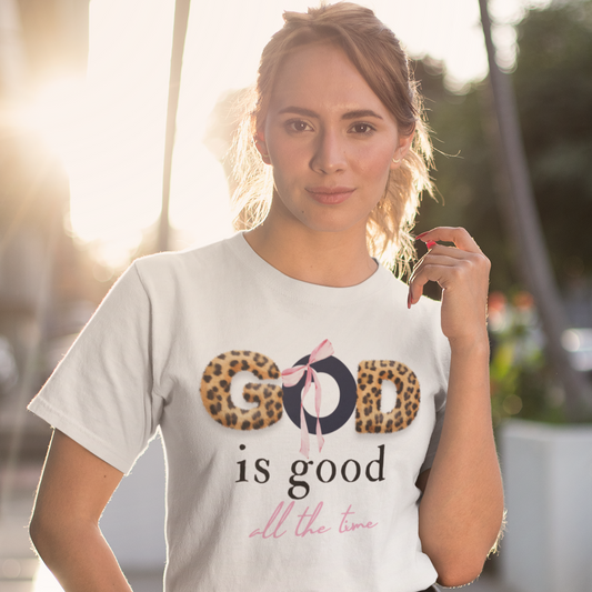 Christian Graphic Tee – God Is Good Leopard Print Faith Shirt