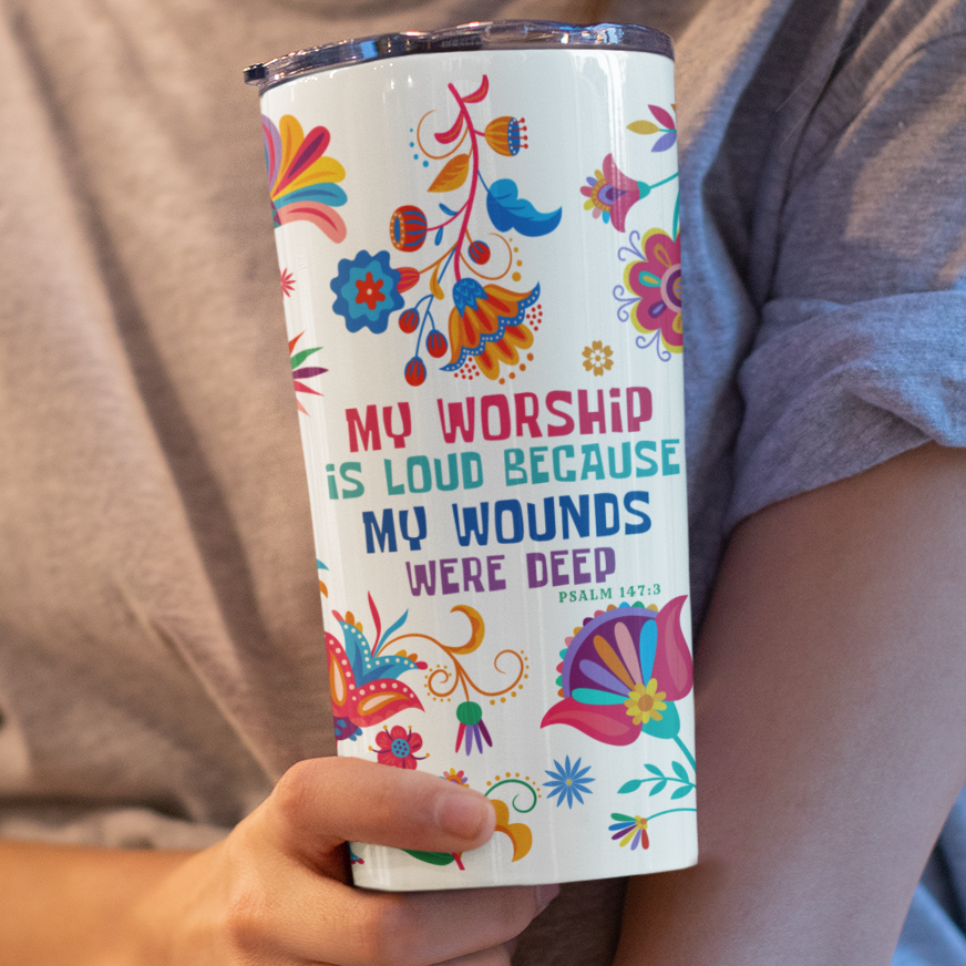 Christian Tumbler – 20oz Insulated Worship & Healing Scripture Psalm 147:3