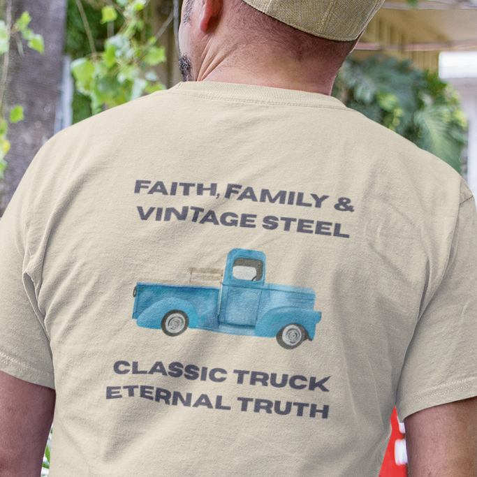 Christian T Shirt – Vintage Truck Faith Family Design Soft Cotton Casual Tee