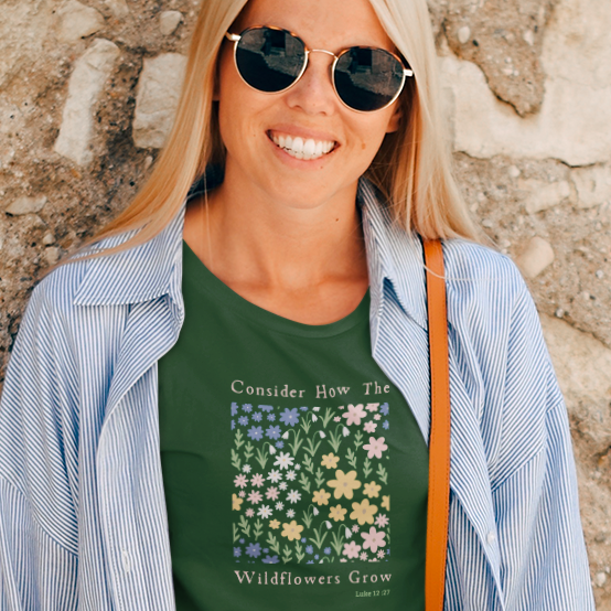 Christian Wildflower Shirt – Luke 12:27 Scripture Soft Cotton Faith Tee